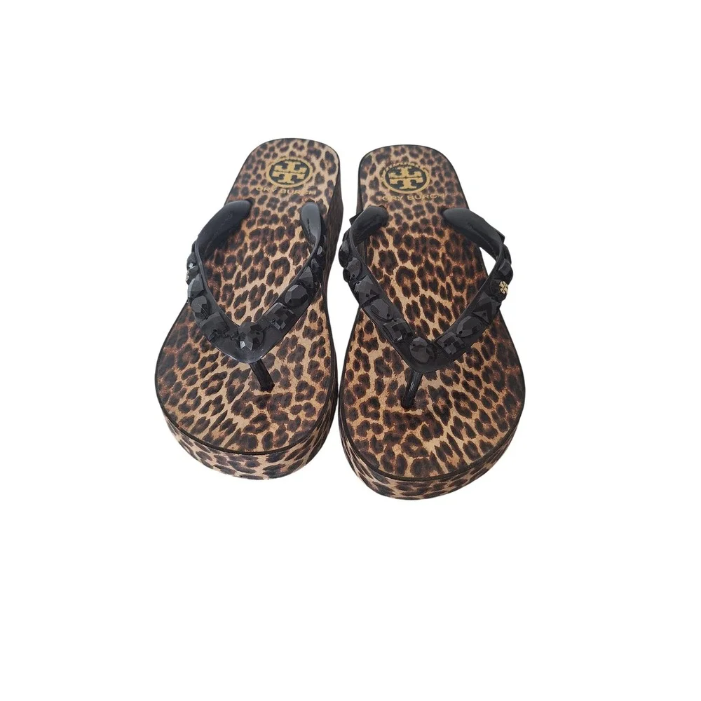 Tory Burch Leopard Print Wedge Platform Flip Flops Studded Black Straps Size 9.5